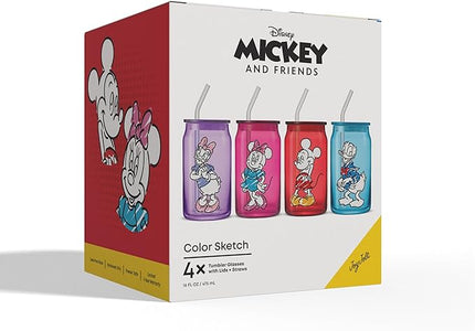 JoyJolt Disney Mickey Mouse and Friends Color Sketch Glass Tumblers with Lids and Straws, 16oz Glass Cups with Lids and Straws, Can Shaped Drinking Glasses Set of 4, Disney Gifts for Adults