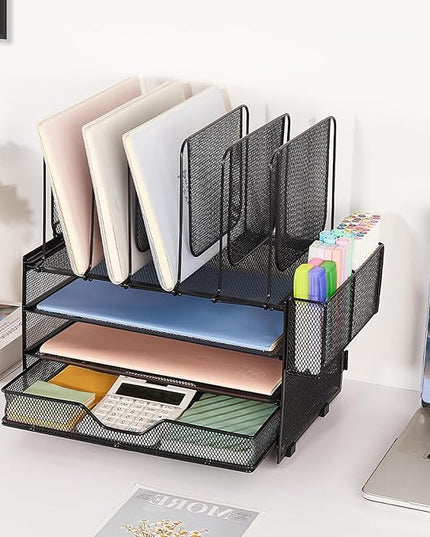 LEKETREE Desk Organizers and Accessories, 3-Tier Paper Organizer with 5 Vertical File Holders, File Organizer for Desk (Black With Drawer, 3T With Drawer)