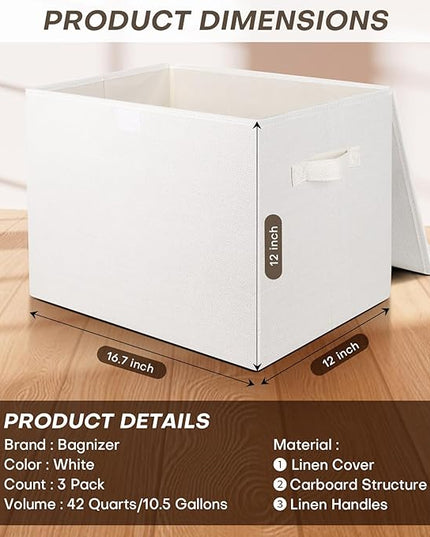 Large 17" 42 Quarts Collapsible Stackable Storage Bins with Lids [3-Pack] Foldable Fabric Linen Storage Boxes Cube, Closet Organizer Baskets with Label (16.7 x 12 x 12, White)