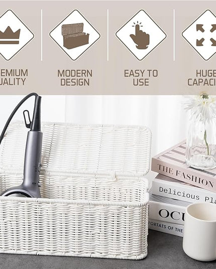 Cable Management Box, Handmade Rattan Cable Organizer, 2 Open Slots Cords Hider Box, Under Desk Cord Organizer for Computer Router USB Hub & Power Strip, Patent Pending, 13" x 5.1" x 5.1", White