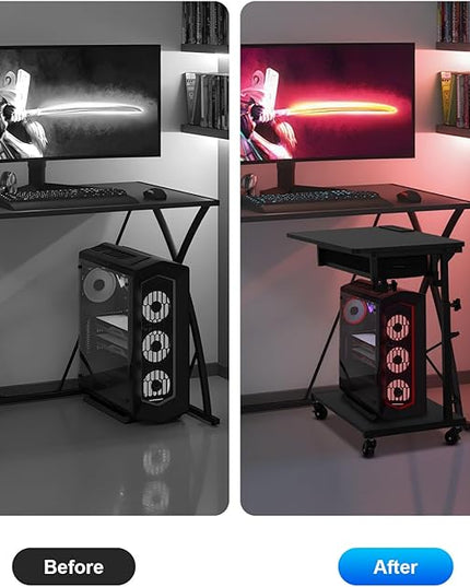 FAHKNS 2-Tier Computer Tower Stand - Computer Tower Floor Stand，PC Tower Stand with Power Outlet & Lockable Wheels，PC Holder for Office/Home/Studio/Game Room