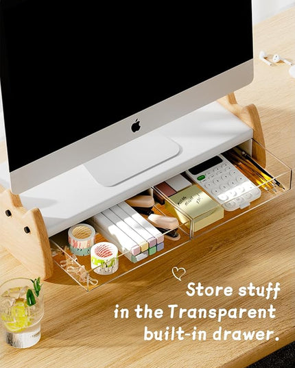 Monitor Stand Riser,Wooden & MDF Computer Desktop Stand with Acrylic Drawer,Laptop Stand Riser Holder ,Table Holder Desk Organizer Storage Stand for Laptop,Printer,TV,15.7 inch,Cute Cat