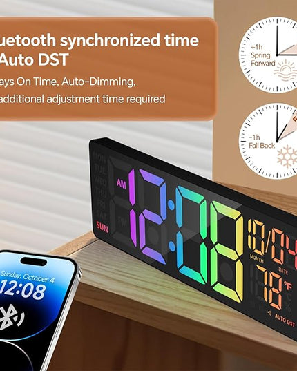 16" Digital Wall Clock with Night Light, Digital Clock with RGB Colors Changing Remote Control, Dual Alarm, Dimmer, Auto DST, Voice Control, Auto Time Sync, Clocks for Living Room, Gift for Elderly
