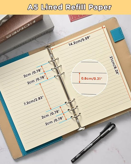 A5 6-Hole Lined Loose-Leaf Paper, Beige – Refill Pages for Standard A5 6-Ring Binder, Journals, Planners – Writes both sides–No bleed-through– Pack of 2 (80 Sheets per Pack)