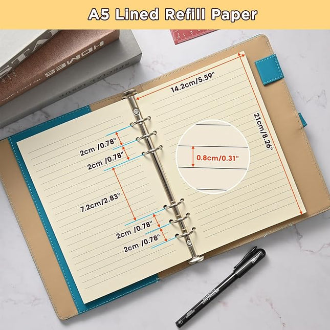 A5 6-Hole Lined Loose-Leaf Paper, Beige – Refill Pages for Standard A5 6-Ring Binder, Journals, Planners – Writes both sides–No bleed-through– Pack of 2 (80 Sheets per Pack)