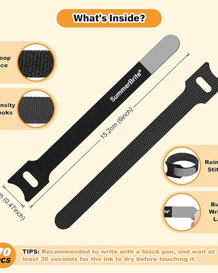 70 Pack Black Cable Ties 6 Inch with Writable Labels, Reusable Cable Management Straps, Hook and Loop Cord Organizer for Home Office, PC Desk Setup, Electronics & Travel Wire Management