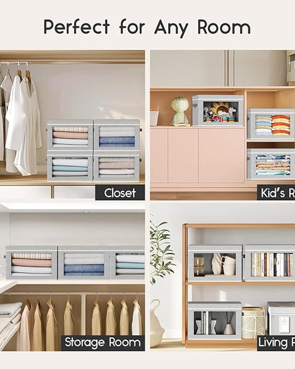 Collapsible Storage Bins with Lids - Stackable Storage Containers with Window, 3 Pack Fabric Bins for Closet, Home & Office Organization Baskets, Light Gray, 14.9" x 9.8" x 9.8"