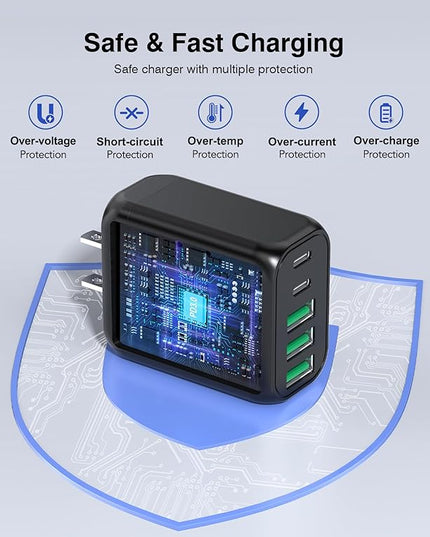 [2-Pack]60W USB C Wall Charger Block, 5-Port C Charger Fast Charging Block PD Power Adapter +QC 3.0 Multiport Type C Box Brick Cube USB A Wall Plug for iPhone 14/15/16/17 Pro Max,Samsung Galaxy(Black)