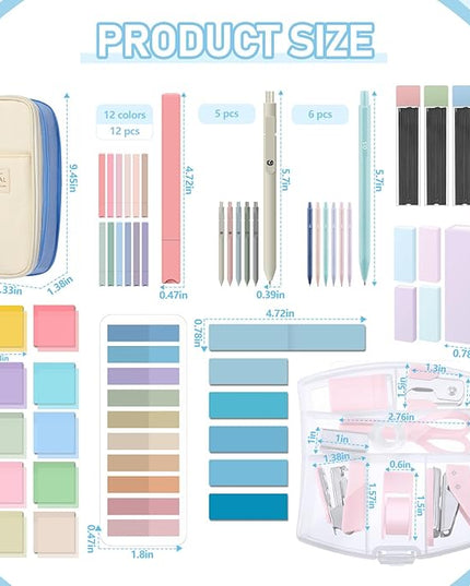 Sinload 60 Pcs Aesthetic Book Annotation Kit School Supplies Cute Pencil Case 12 Highlighter 5 Gel Pen 6 Mechanical Pencil 5 Magnetic Bookmark 1220 Pcs Sticky Note Tab Student Stationary(Light Blue)