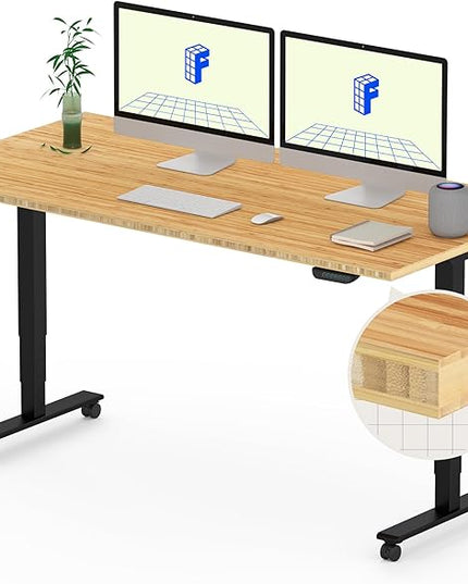 FLEXISPOT E6 MAX Bamboo 55x28 Inch Dual Motor 3-Stage Heavy Duty Standing Desk, 330lbs Weight Capacity, Height Adjustable Desk w/Cable Management & Wheels (Solid Bamboo Desktop + Black Frame)