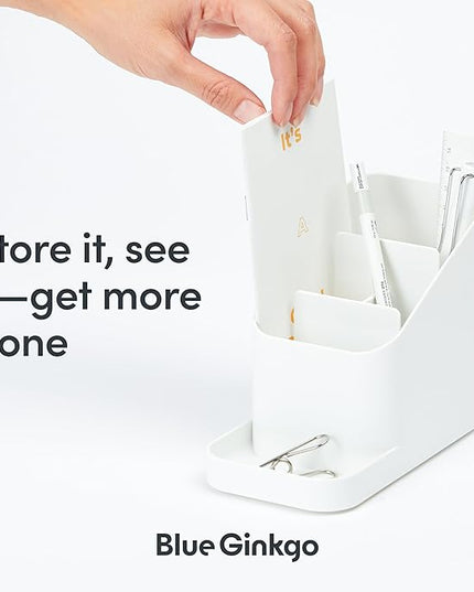 BLUE GINKGO Desk Holder – Korean-Made Office Organizer for Pencils, Pens, Notes, and Desk Supplies (White)