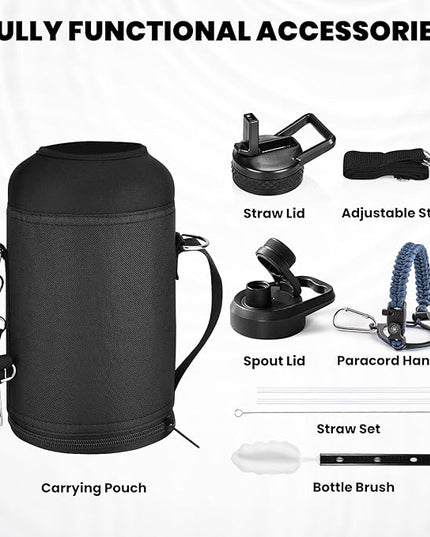 Insulated Water Bottle 64 oz, Triple Wall Vacuum Stainless Steel (Cold for 48 Hrs), Leak Proof & Non-BPA, Half Gallon Water Flask Jug with Paracord Handle & Straw Spout Lids, Navy Blue