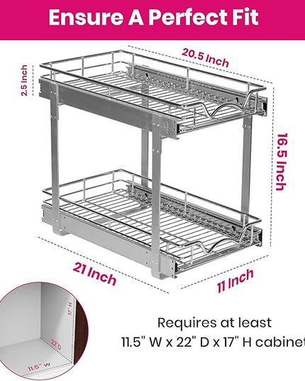HOLDN’ STORAGE Two Tier Pull Out Cabinet Organizer, Individual Sliding Drawers - Heavy Duty Metal with Lifetime Limited Warranty - Anti Rust Chrome Finish - 11" W x 21”D x 16.5" H
