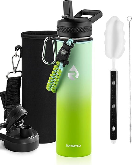 Insulated Water Bottle 24oz, Triple Wall Vacuum Stainless Steel (Cold for 48 Hrs, Hot for 24Hrs), Leak Proof & Non-BPA, 24oz Hydro Water Flask with Paracord Handle & Straw Spout Lids