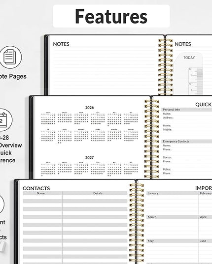 SUNEE 2026 Appointment Book 15-Minute Time Block - Daily, Weekly & Monthly Spiral Planner with Note Section - Thick Paper, Lay-Flat Bound - 8.5 x 11 for Office, School, Men & Women, Black