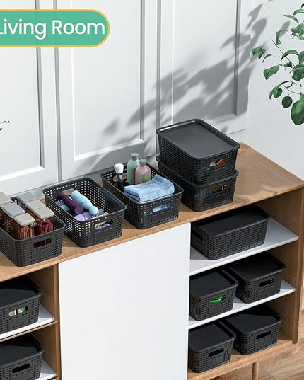 Plastic Storage Baskets with Lid-Plastic Storage Containers Stackable Storage bins: Storage Baskets for Organizing Shelves Drawers Desktop Closet Playroom Classroom Office, 8Pack-Black10.2x7.2x4.1Inch
