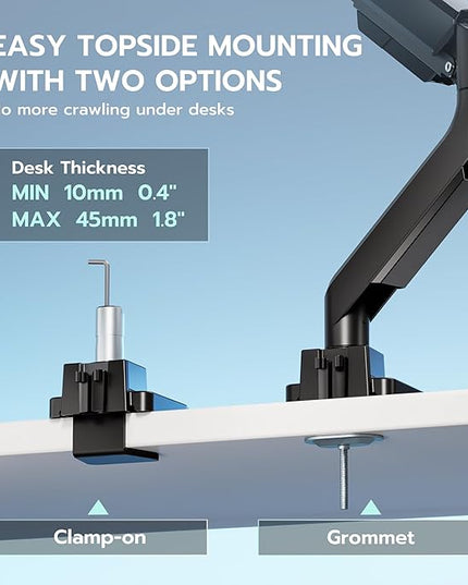 ARES WING Single Monitor Arm, Heavy Duty Adjustable Monitor Arm for 13"-49" Screens with USB, Gas Spring Desk Mount Stand with C Clamp/Grommet Mounting Base up to 40lbs Computer, Black