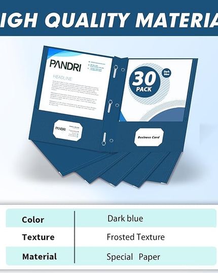 Two Pocket Folders, PANDRI 30 Pack Two Pocket Folders with Prongs, 3 Prong Folders Designed for Office and Classroom, Letter Size Darkblue