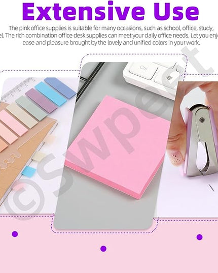 Swpeet 9Pcs Pink Office Supplies Kit, Desk Accessories Including Stapler, Tape Dispenser, Staple Remover, Tabs, Scissors, Staples, Tape, Clips and Sticky Note Ideal for Office and School