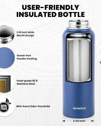 Insulated Water Bottle 40 oz, Triple Wall Vacuum Stainless Steel (Cold for 48 Hrs), Leak Proof & Non-BPA, Modern Water Flask Jug with Paracord Handle & Straw Spout Lids, Navy Blue