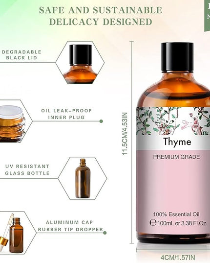 Thyme 3.38fl.oz Essential Oil, PHATOIL Aromatherapy Essential Oils for Diffuser, Humidifier, Perfect for DIY Soap, Candle, Bath Bombs Making(100ml)