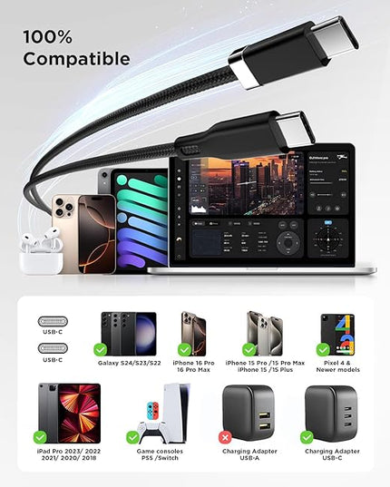 Magtame USB C to USB C Cable 5FT, StayCable with Built-in Magnetic Organizer for Nightstand, Desk and Car, 60W Fast Charging Cord with 2 Adhesive Metal Plates, Braid Type-C Cable for iPhone 17 16