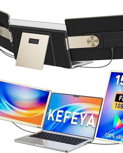 KEFEYA Laptop Screen Extender 15.6", FHD 1080P Portable Triple Monitor for Laptops 13-17.3", 120% sRGB 235° Rotation Detachable Laptop Monitor Extender for Windows/Mac/Dex/Chrome/Surface, Plug n Play