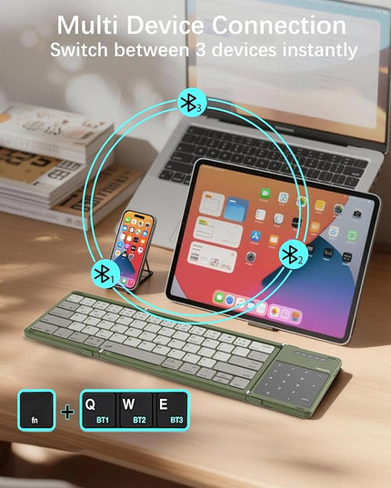 Nillkin Upgraded Foldable Bluetooth Keyboard with Touchpad & Number Pad, Portable Wireless Keyboard for Travel, Pocket-Sized, Full Size Keys, Support 3 Devices for iPad Laptop Tablets Phone, Green
