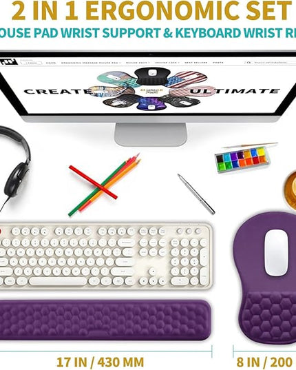 Hokafenle 2 in 1 Ergonomic Mouse Pad Wrist Support & Wrist Rest for Computer Keyboard Set, with Relieve Carpal Tunnel Pain Massage Bulge and Full Memory Gel Design (2In1 Set, Dark Purple)