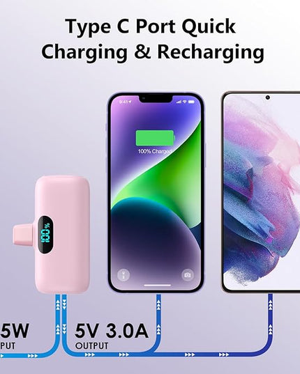 [2 Pack]Mini Portable Charger 5000mAh for iPhone,Ultra-Compact 15W PD Power Bank,LCD Display Cute Battery Pack Backup Charger Compatible with iPhone 14/14 Pro Max/13/13 Pro/12/XR/8/7/6,Pink +Purple
