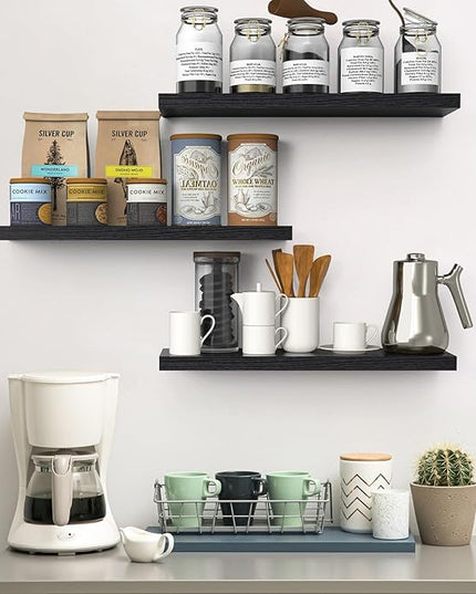 BAYKA Floating Shelves for Wall, 22.5 inches Wall Mounted Rustic Wood Shelves for Bathroom, Bedroom, Living Room, Floating Shelves for Books/Storage/Decor (Black,Set of 3)