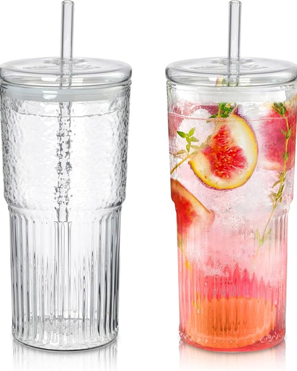 Joeyan 22 oz Glass Tumbler with Straw and Lid for Iced Tea Coffee Smoothie Water Juice Beverages Soda,Clear Borosilicate Glasses Cups,Ribbed Drinking Jar,Set of 2,Dishwasher Safe