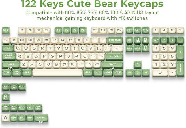 XVX Cute Bear Keycaps, Matcha Green and Creamy Keycap Set with MDA Profile, Double Shot PBT Keycaps Suitable for Cherry Gateron MX Switches Mechanical Keyboard