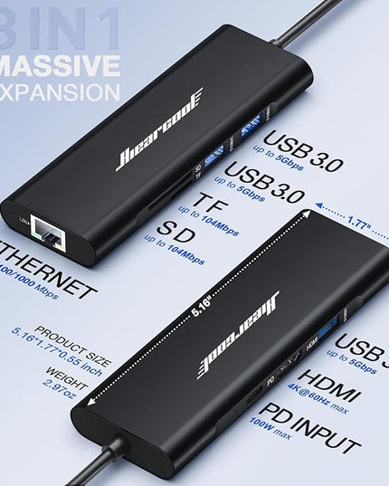 Hiearcool USB C Hub, USBC to 4K@60 Hz HDMI Adapter with 100W PD, 8-in-1 USB-C Dongle Multiport Dock Compatible for MacBook Dell Lenovo HP Laptops-Midnight Black