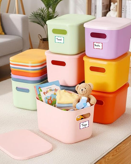 Thyle 12 Pack 7 Quarts Plastic Storage Bins for Christmas Storage with Lids Handles Colorful Stackable Desktop Box Bins with Label for Shelf Drawer,10 x 7 x 6 Inch (Macaron Color)