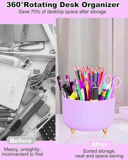 Desk Organizers and Accessories Set with 360-Degree Rotating Pen Holder, Tape Dispenser, Stapler, Staple Remover, 1000 Staples, Tape, Clips Set, Ruler, Scissor, Pen