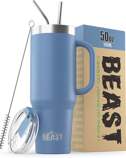 Beast 50 oz Tumbler with Handle Stainless Steel Vacuum Insulated Coffee Ice Cup Double Wall Travel Flask (Stormy Sky Blue)