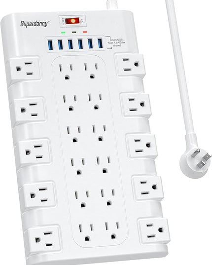 SUPERDANNY Power Strip Surge Protector with 22 AC Outlets and 6 USB Charging Ports, 6.5Ft Mountable Flat Plug Extension Cord (1875W/15A) for Home, Office, Dorm, Gaming Room, 2100 Joules, White