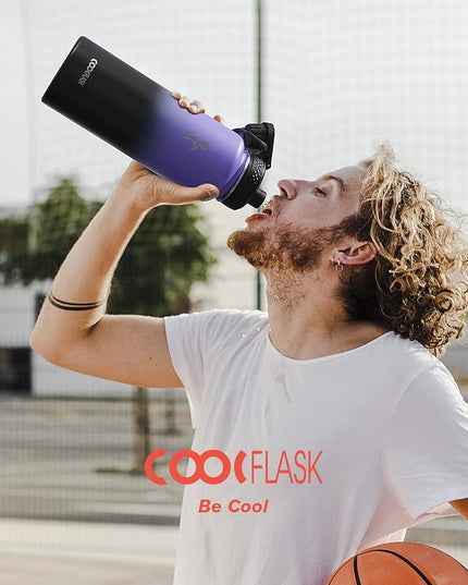 Coolflask Water Bottle 40 oz Insulated with Straw, Stainless Steel Metal 3 Lids Water Flask for Sports or Office, Keep Cold 48H Hot 24H, Purple Black