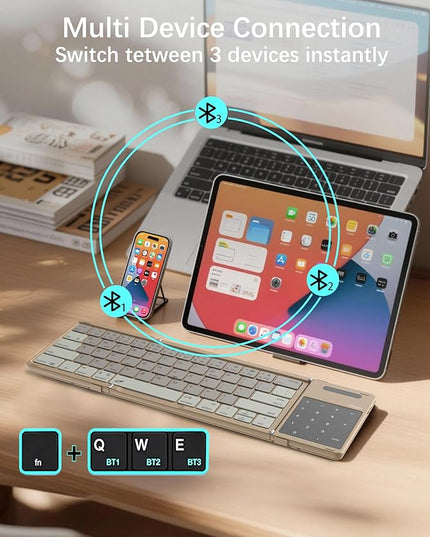 Nillkin Upgraded Foldable Bluetooth Keyboard with Touchpad & Number Pad, Portable Wireless Keyboard for Travel, Pocket-Sized, Full Size Keys, Support 3 Devices for iPad Laptop Tablets Phone, Khaki