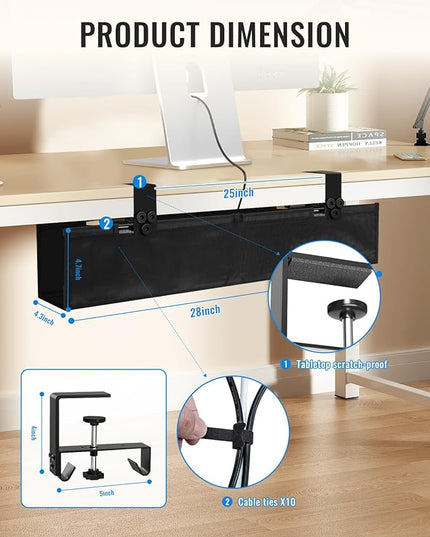 28" No Drill Under Desk Cable Management Tray - Upgraded Oxford Fabric with Cable Loop, No Damage to Table for Standing Desks and Home Office (Regular (28 Inch))