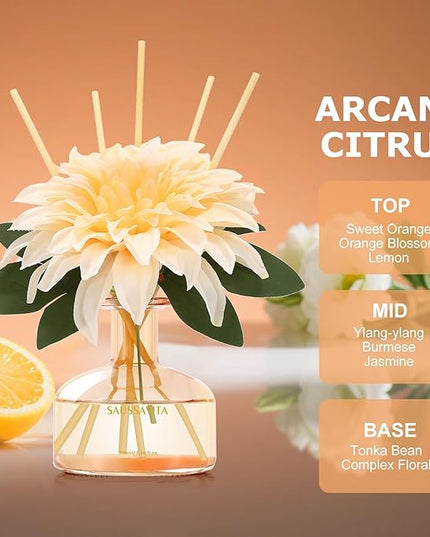Saussavita Reed Diffuser Set for Home, 7.1 fl oz / 210 ml - Tangerine Scent Diffuser with Sticks Home Fragrance Flower Reed Diffuser with Plastic Flowers for Bathroom Shelf Décor