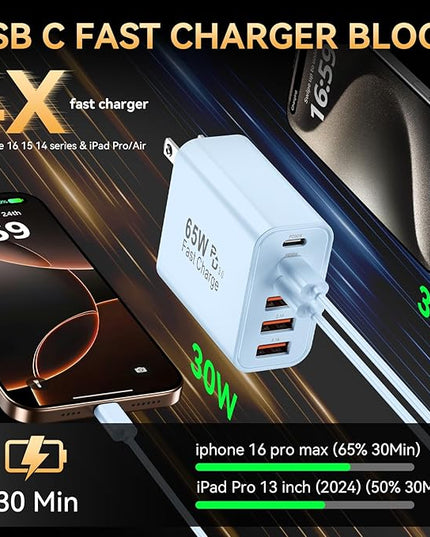 USB C Fast Charger Block, iPhone Charger Fast Charging Blocks 65W Multi Port Charger 6-Ports PD & QC Charging Cube Brick Power Adapter Type C Wall Chargers for iPhone 17/16/15/14/13/12 Pro Max, iPad