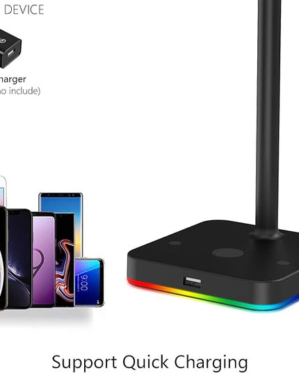 KAFRI RGB Headphone Stand with USB Hub Desk Gaming Headset Holder Hanger Rack with 1 USB2.0 Extension Charging Port Extender Cord - Suitable for Gamer Desktop Table Game Earphone Accessories, Black