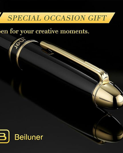 BEILUNER 315 Black Fountain Pen,Stunning Luxury Pens with 24K Gold Accents, Gorgeous 24K Gilded Nib(Medium), Ink Converter,Fancy Pen Gift for Men&Women-Elegant, Office, Reliable, Nice Design