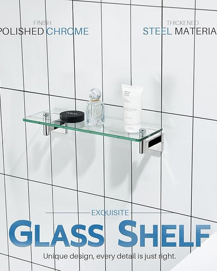 KOKOSIRI Bathroom Shelves Wall Mounted Floating Glass Shelf Polished Stainless Steel 16-Inch Small Hanging Rack for Storage/Room Decor B1105CH-L16