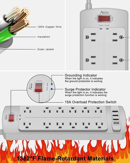 Power Strip, ALESTOR Surge Protector with 12 Outlets and 4 USB Ports, 6 Feet Extension Cord (1875W/15A), 2700 Joules, ETL Listed, Grey
