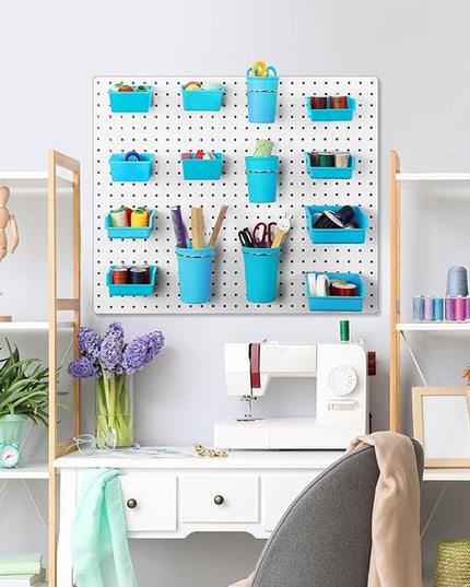 Roowest 60 Pcs Pegboard Cups Pegboard Bins Set, Wall Organizer with Hooks and Loops, Hooks Assortment Organizer Accessory for Office Storage Garage Craft Workshop(Blue)