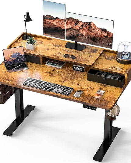 Kingant 48 x 30 Inch Standing Desk with Drawers, Adjustable Height Electric Sit Stand Desk with Storage Shelf, Rising Stand Up Computer Desk for Home Office Workstation, 3 Preset Heights(Rustic Brown)
