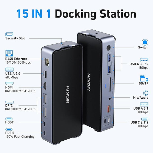 8K USB C Laptop Docking Station,Docking Station 3 Monitors with 1*HDMI, 2*DisplayPort,15 in 1 USB C Dock for Dual/Triple Monitors,6 *USB Ports,100W PD,Ethernet,SD&TF,Audio,for Dell/HP/MacBook/Lenovo
